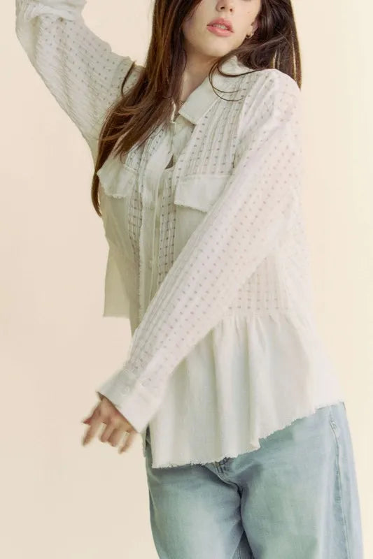 Davi &amp; Dani Garment Washed Jacquard Button Front Shirt