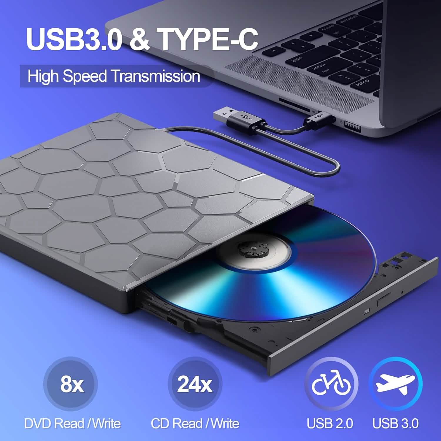 High-Speed USB 3.0 External CD/DVD Drive with Burner – Plug &amp; Play, Windows &amp; Mac Compatible