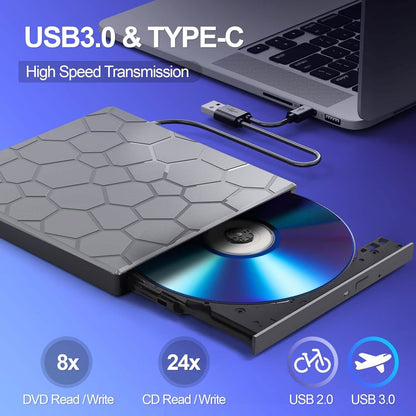 High-Speed USB 3.0 External CD/DVD Drive with Burner – Plug &amp; Play, Windows &amp; Mac Compatible