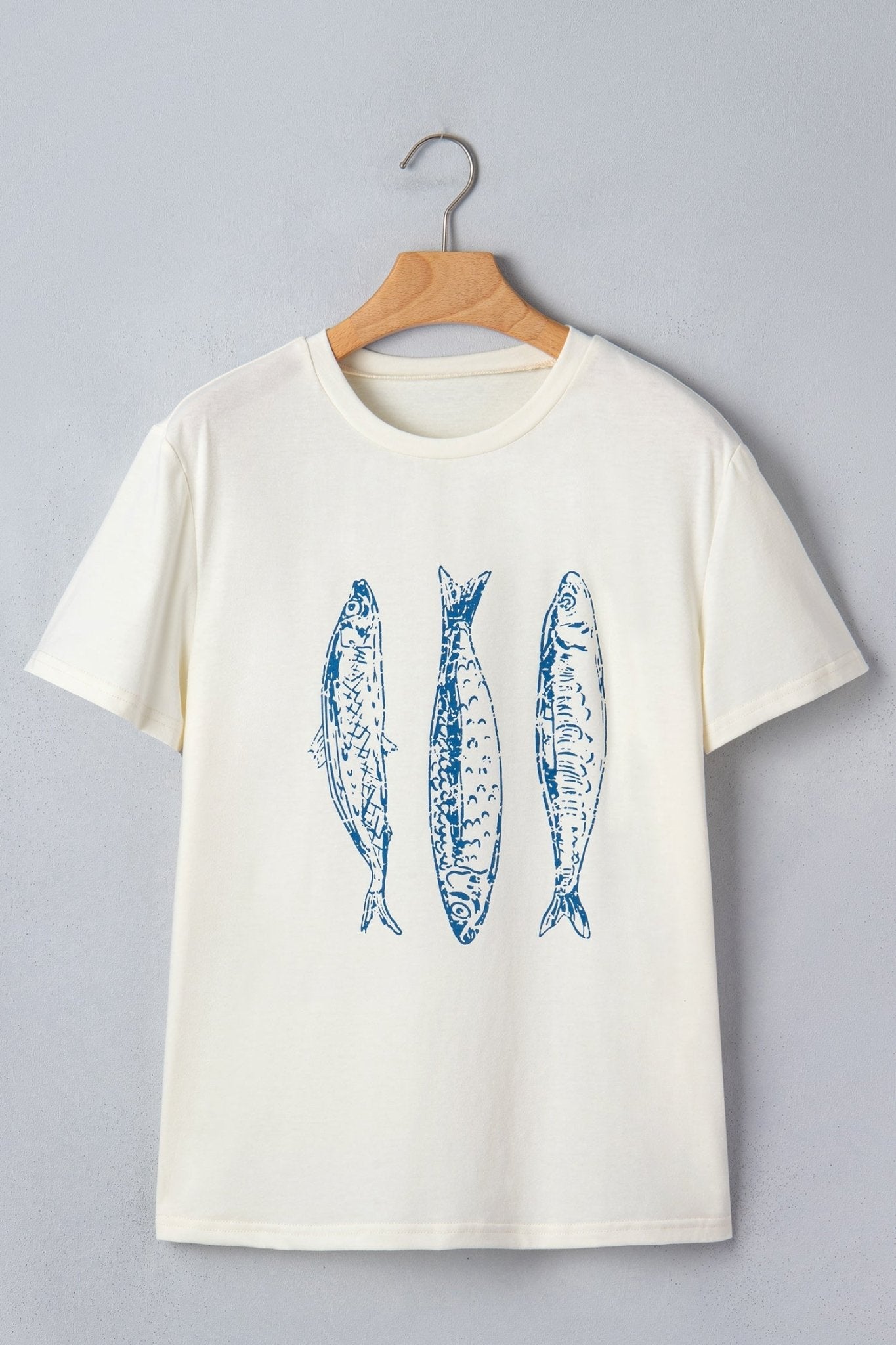 White Fish Print Short Sleeve Round Neck T Shirt - Loving It Shop