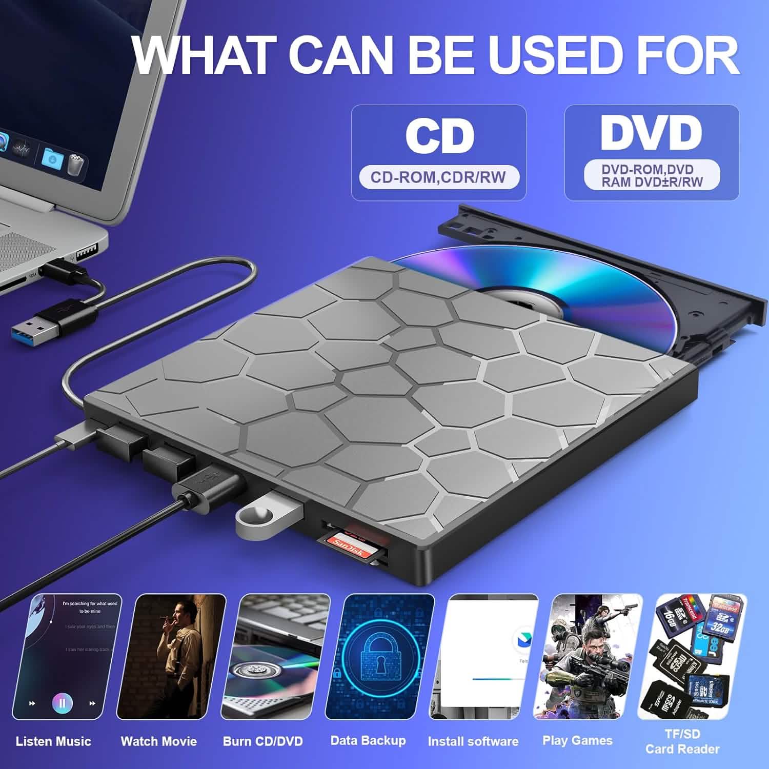 High-Speed USB 3.0 External CD/DVD Drive with Burner – Plug &amp; Play, Windows &amp; Mac Compatible