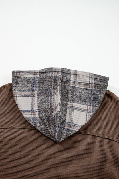 Brown Plaid Patchwork Button Down Drawstring Hooded Shacket