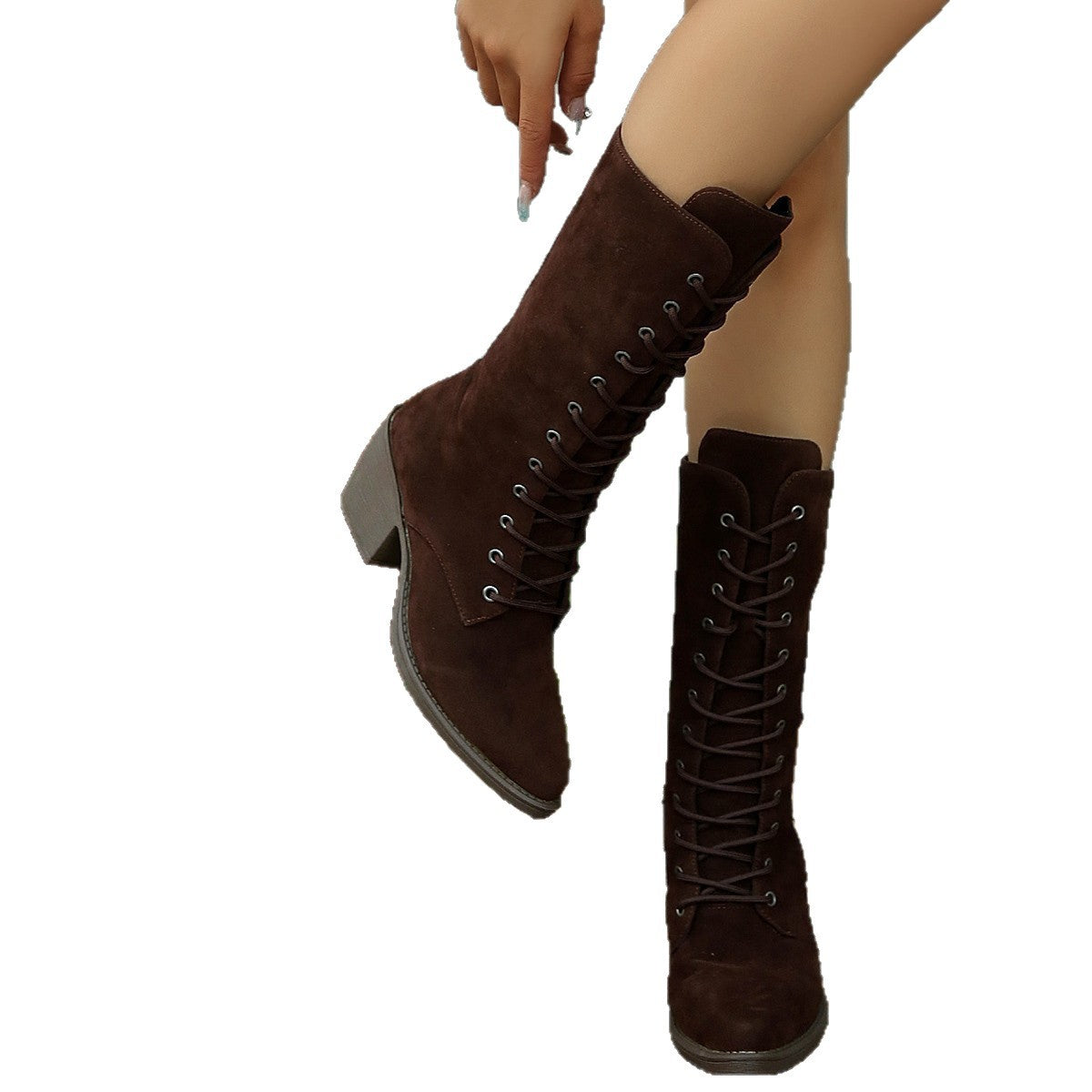 Mid-calf Fashion Suede Lace-up Pointed Chunky Heel Women&