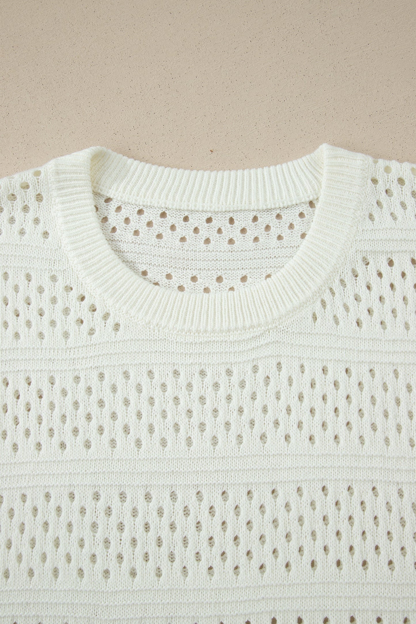 White Plus Size Eyelet Hollow Out Knit Ribbed Trim Short Sleeve Dolman Sweater