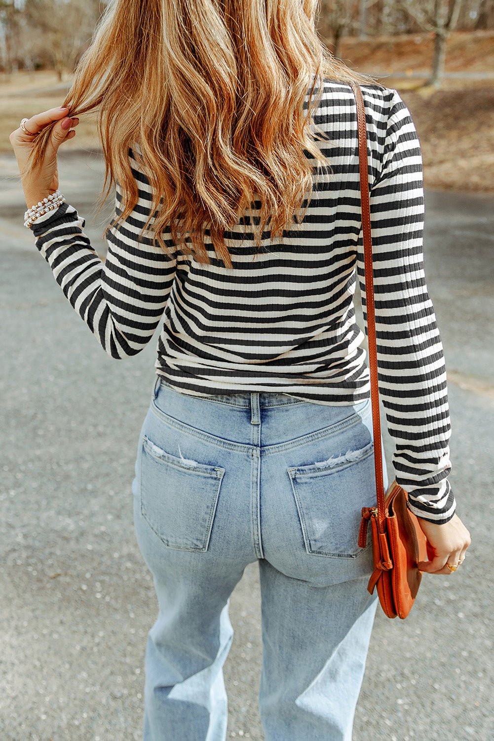 Black Striped Print Textured Knit Long Sleeve Tee - Loving It Shop