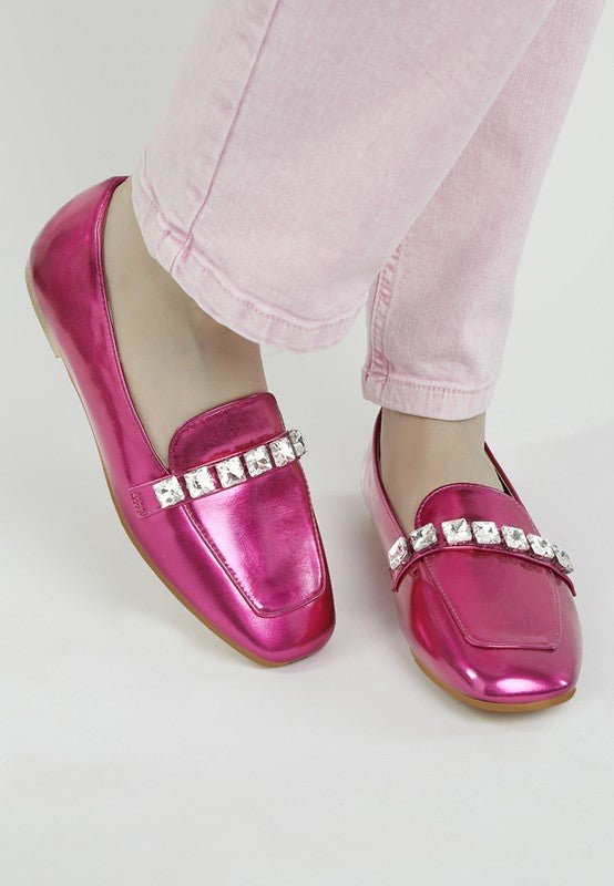 Celosia Metallic Diamante Strap Loafers - Loving It Shop