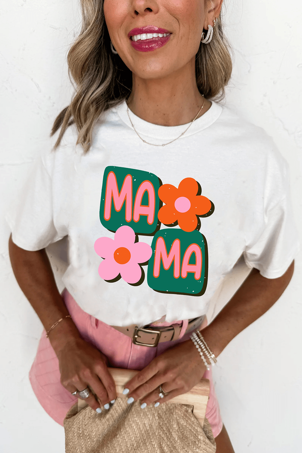 White MAMA Flower Graphic Crewneck Tee - Loving It Shop