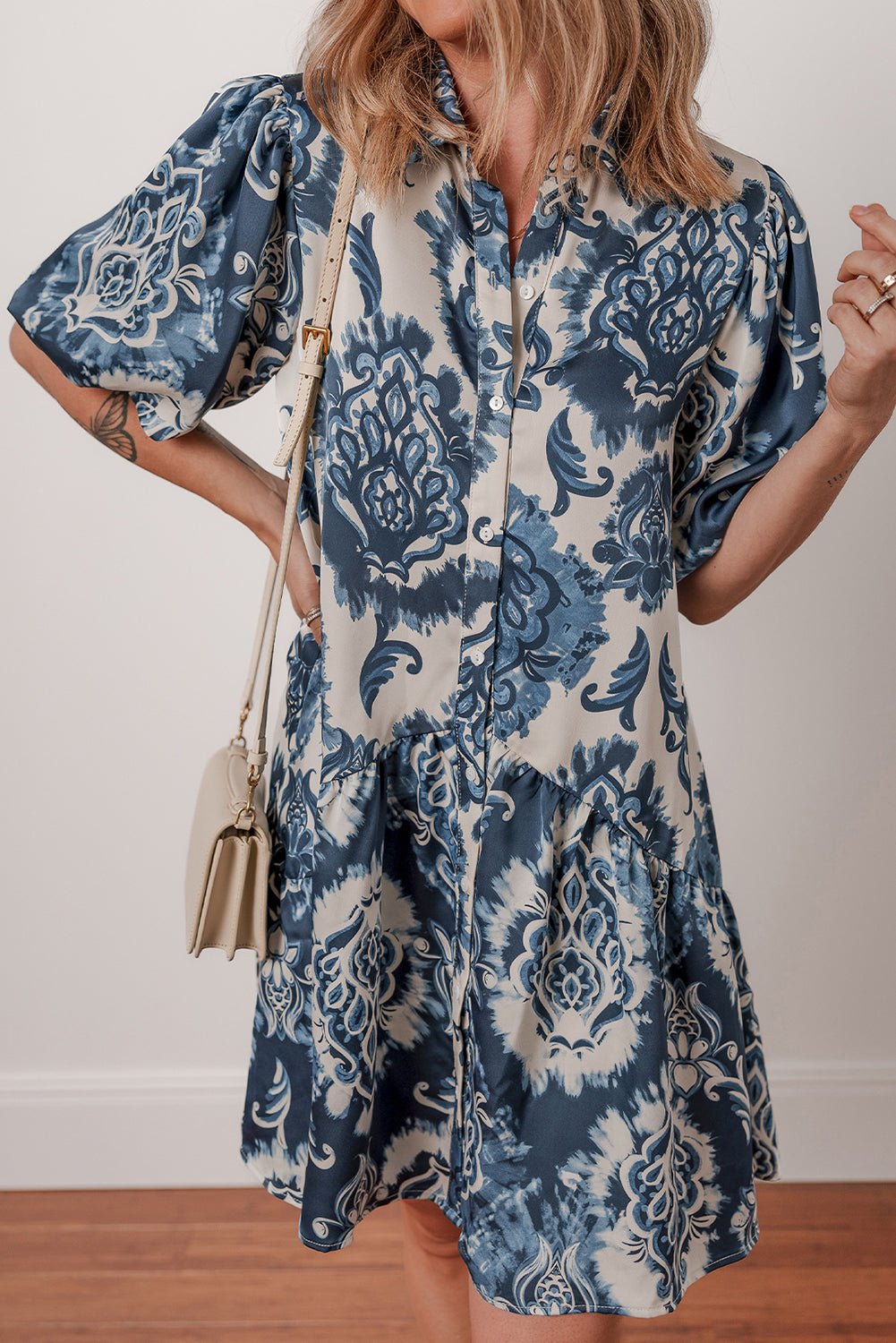 Blue Boho Floral Print Buttoned Collared Loose Fit Mini Dress - Loving It Shop