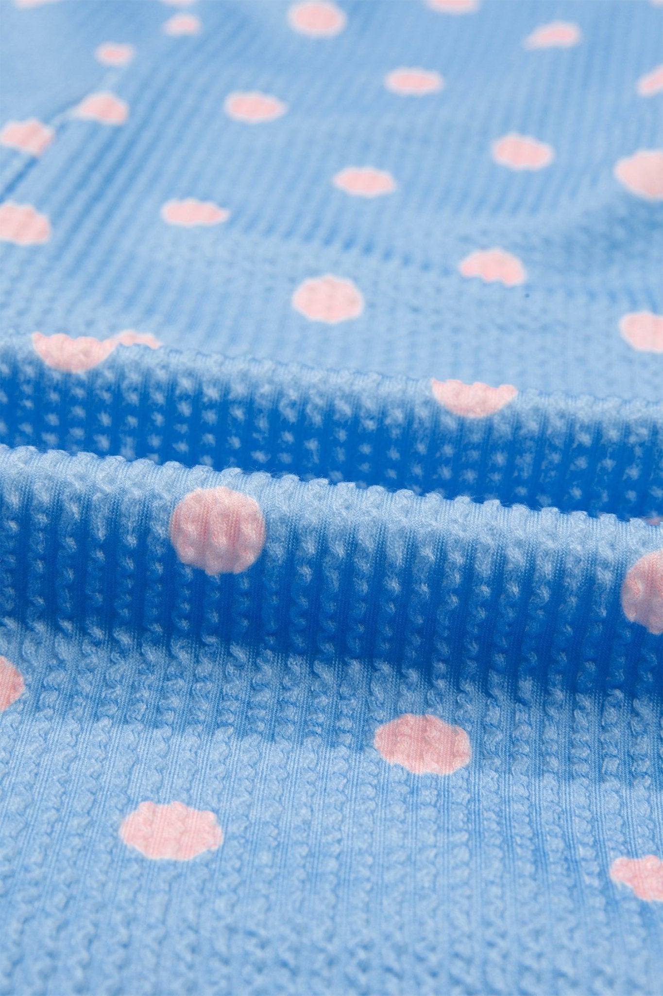 Sky Blue Raised Rib Polka Dot Print Cuffed Short Sleeve Top - Loving It Shop
