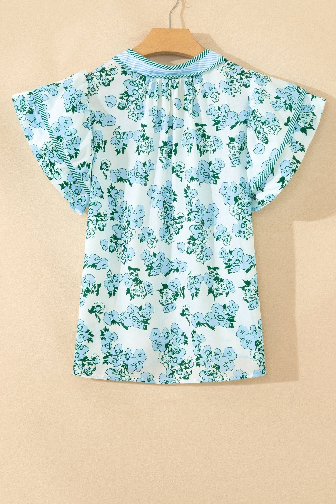 Green Floral Meets Stripes V Neck Flutter Sleeve Blouse - Loving It Shop