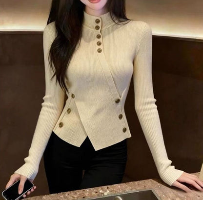 Autumn And Winter Retro Apricot Semi-high Neck Knitted Sweater Women&