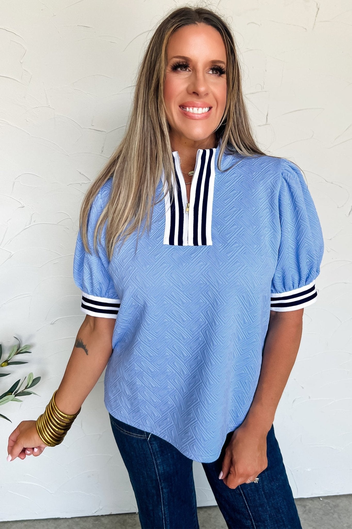 Myosotis Stylish Textured Stripe Trim Split Neck Puff Sleeve Top - Loving It Shop