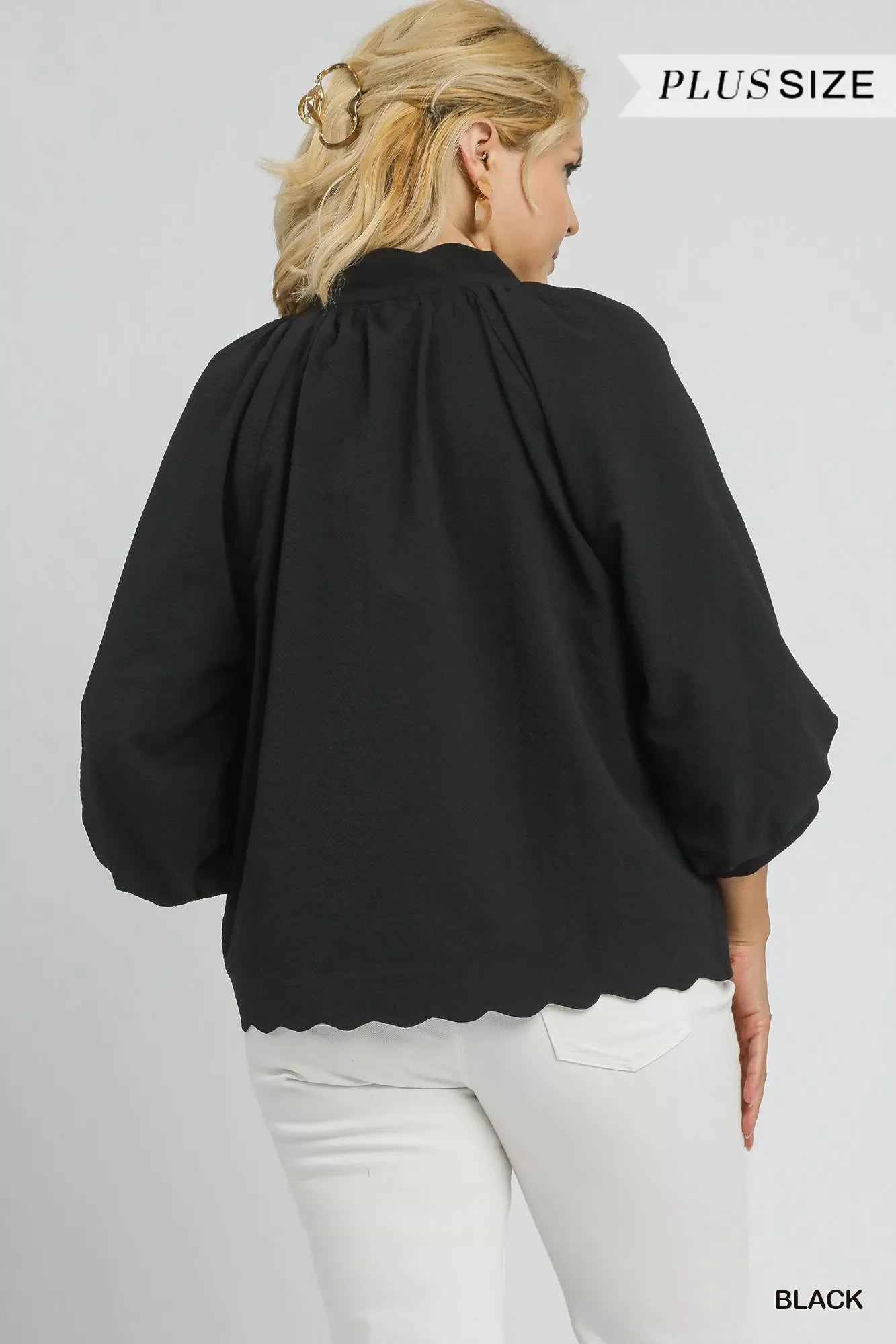 Full Size Textured Notched Balloon Sleeve Blouse Plus Size