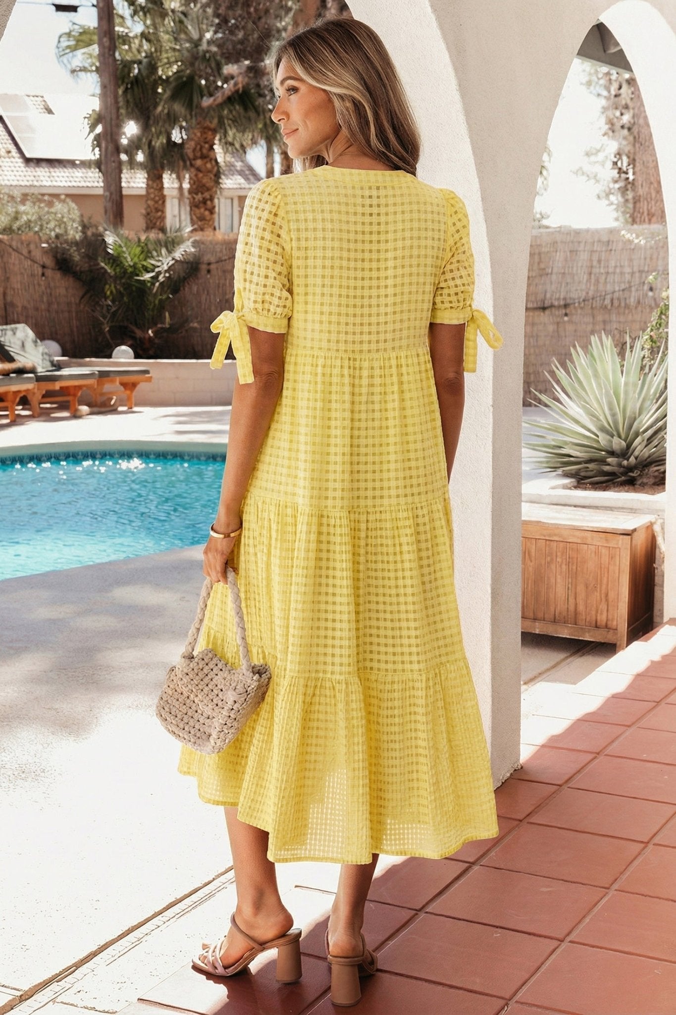 Yellow Gingham Textured Bow Tie Short Sleeve Tiered Midi Dress - Loving It Shop
