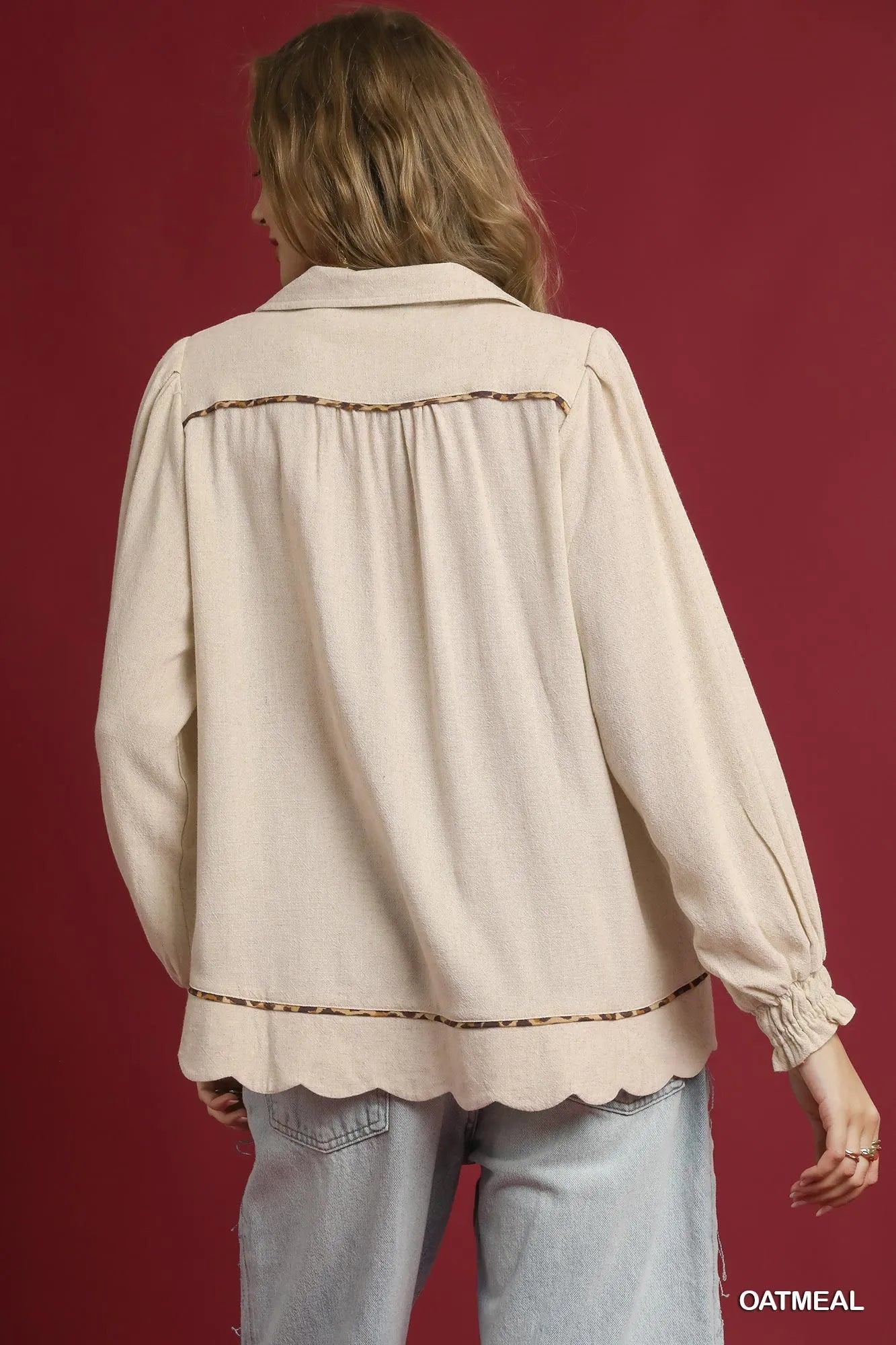 Full Size Linen Scallop Hem Blouse with Contrast Trim Plus Size