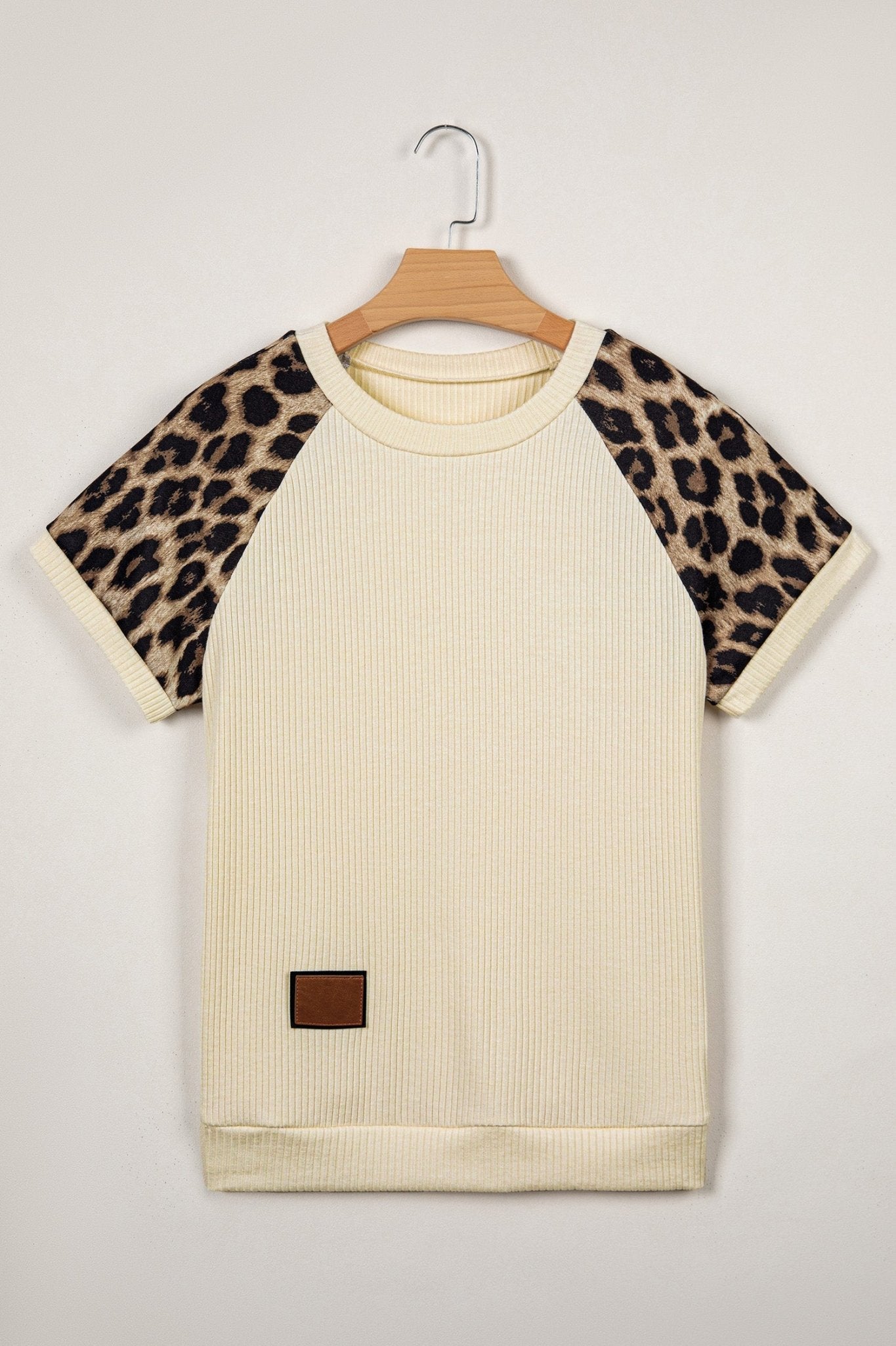 Apricot Ribbed Color Block Leopard Contrast Sleeve Loose Tee - Loving It Shop