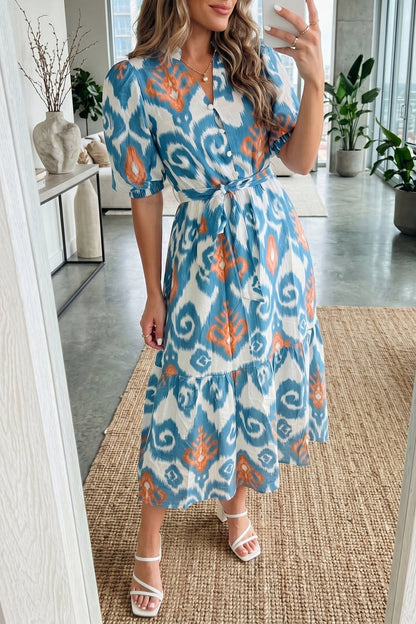Sky Blue Boho Floral Print Short Puff Sleeve Button Down Ruffle Hem Midi Dress - Loving It Shop