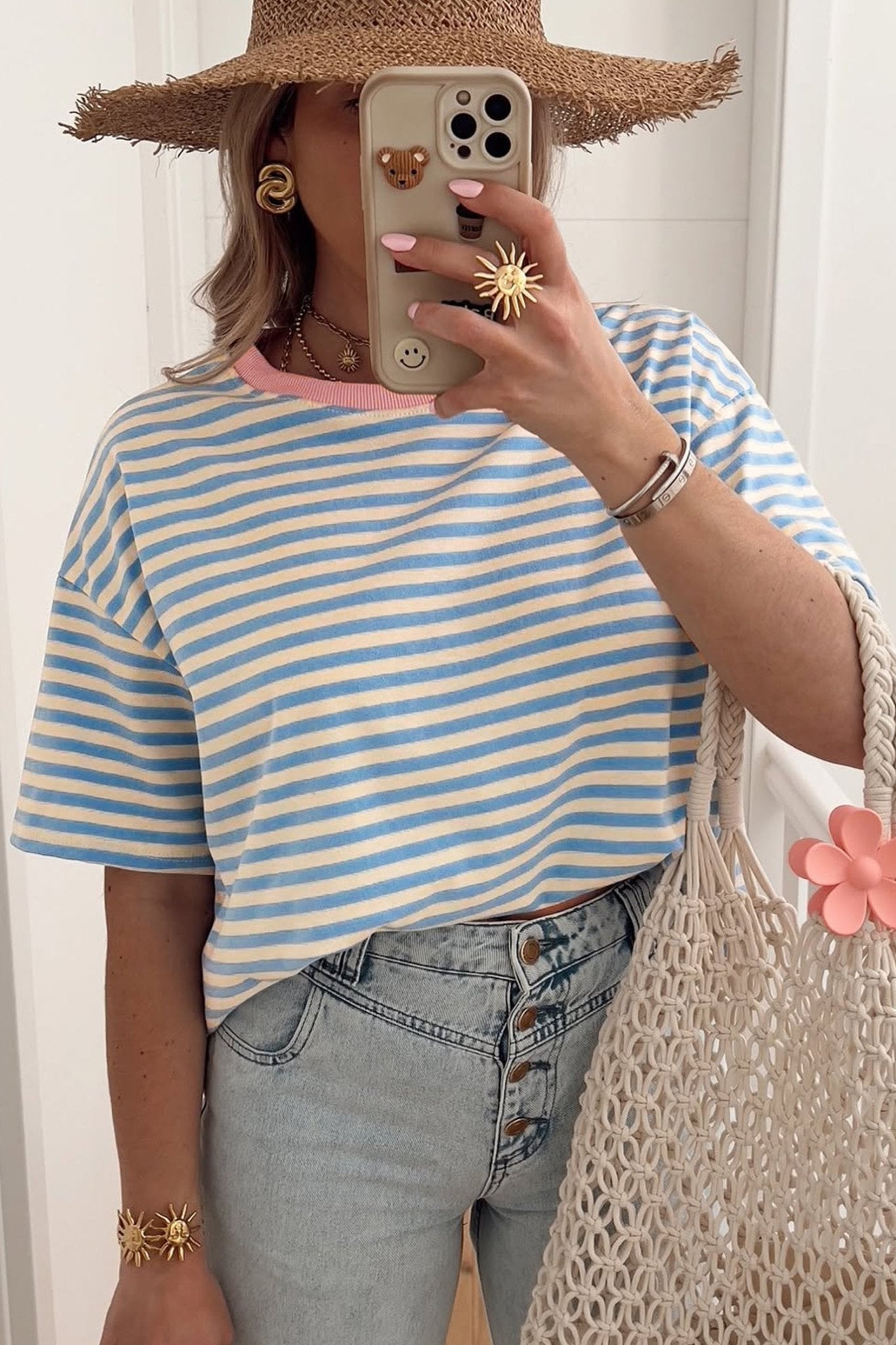 Sky Blue Stripe Contrast Crew Neck Drop Shoulder Loose Tee - Loving It Shop