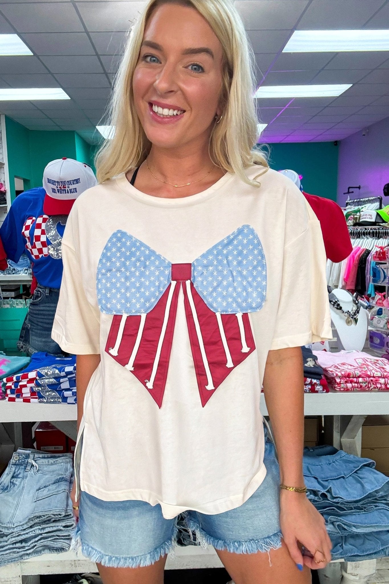 White Loose Knit Vintage Flag Bow Patched T Shirt - Loving It Shop