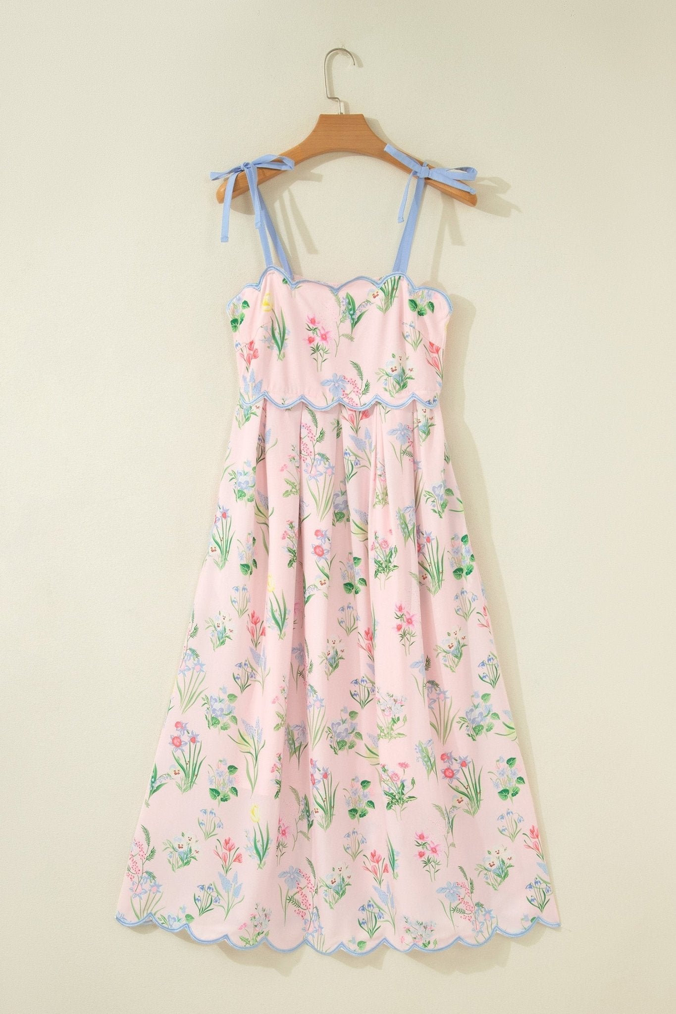 Pink Floral Print Contrast Trim Self - tie Straps High Waist Midi Dress - Loving It Shop