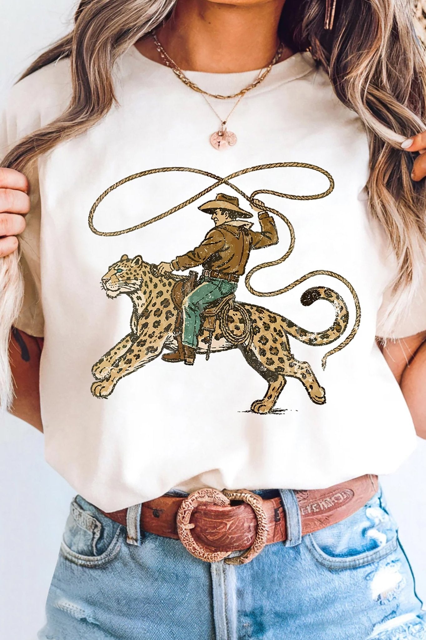 White Leopard Rodeo Cowboy Graphic Casual Tee - Loving It Shop