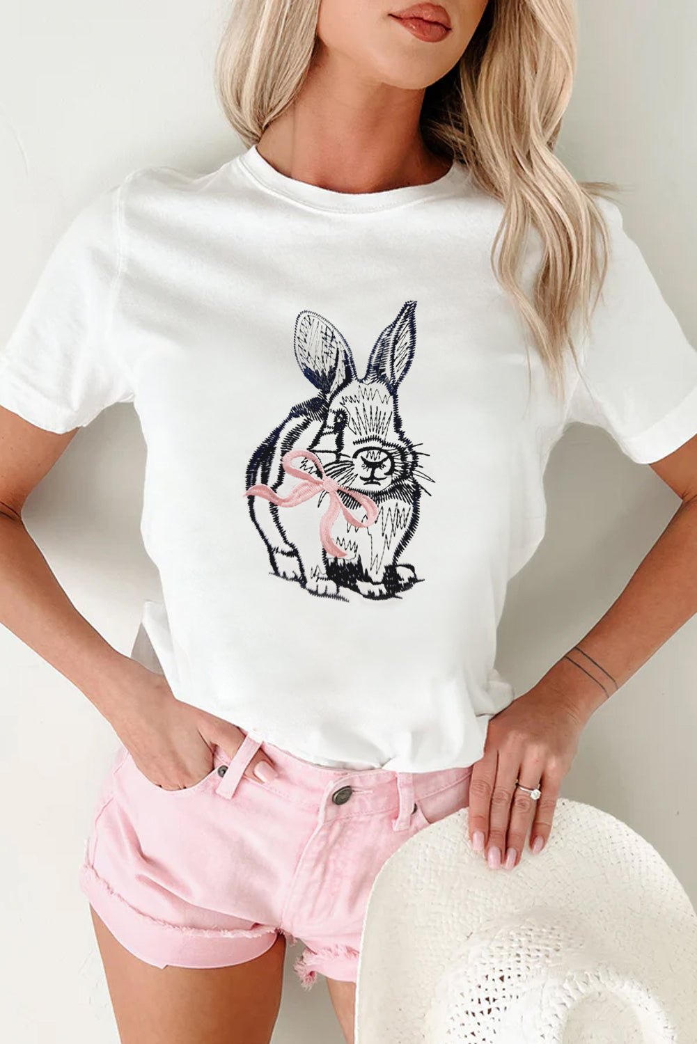 White Bunny Embroidered Bow Graphic Tee - Loving It Shop