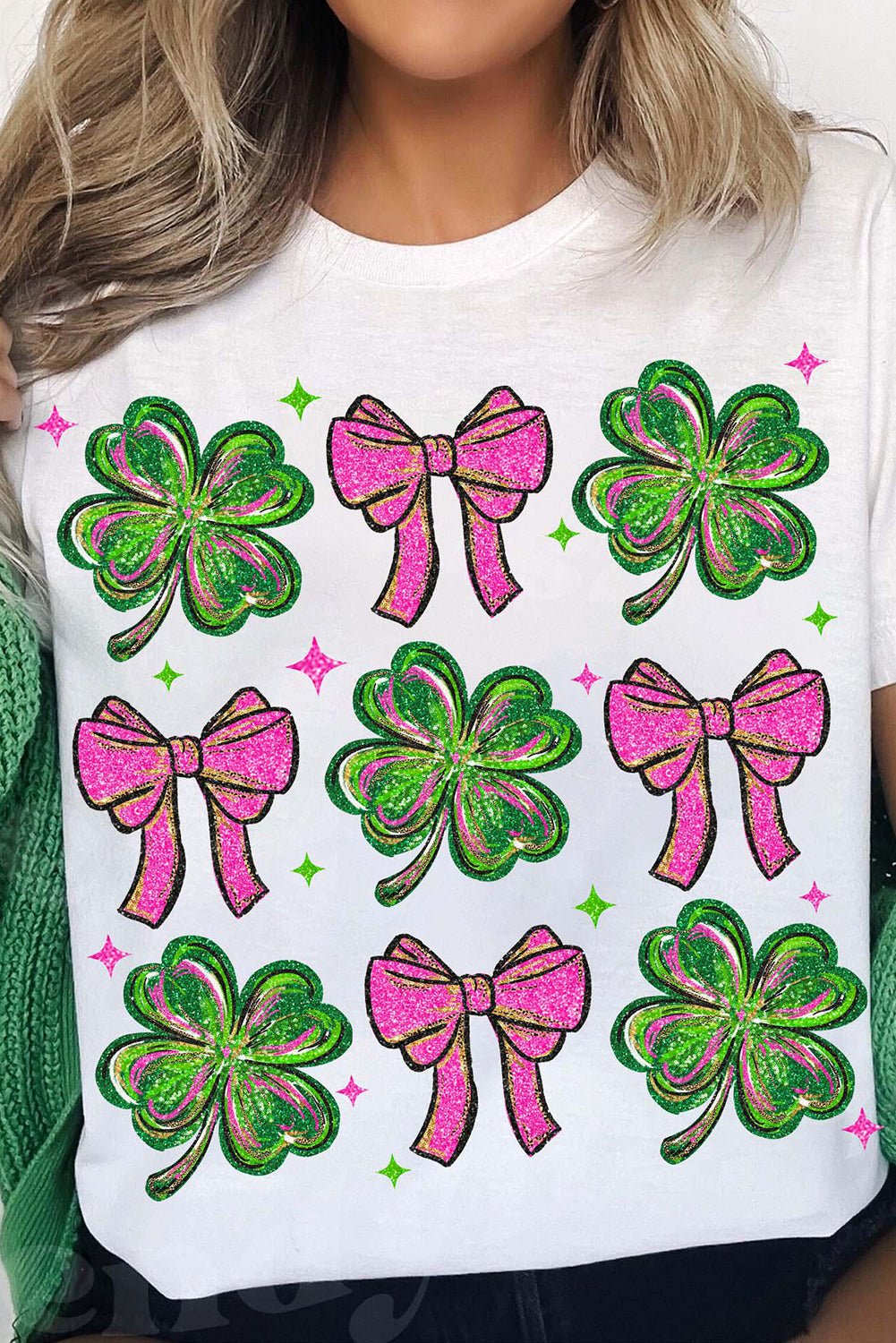 White St Patrick Shamrock Bowknot Printed Crewneck Tee - Loving It Shop