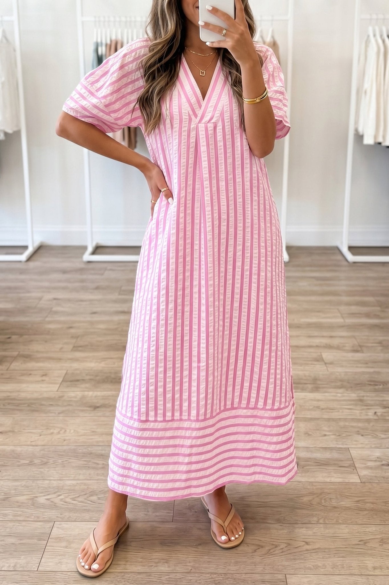 Pink Stripe V Neck Short Sleeve Shift Long Dress - Loving It Shop