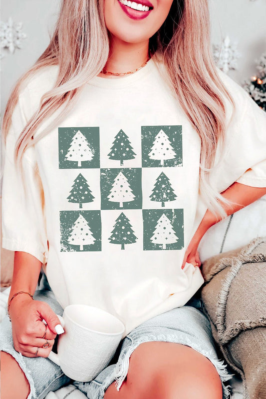 White Christmas Tree Checkered Distressed Graphic Oversize Tee - Loving It Shop