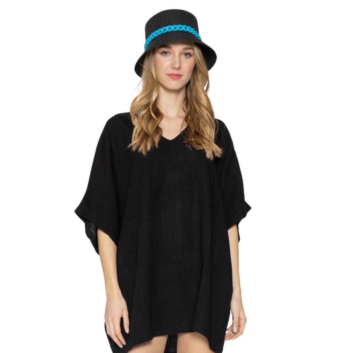 Bucket Hat with Blue Chain Detail – Trendy Casual Black Hat