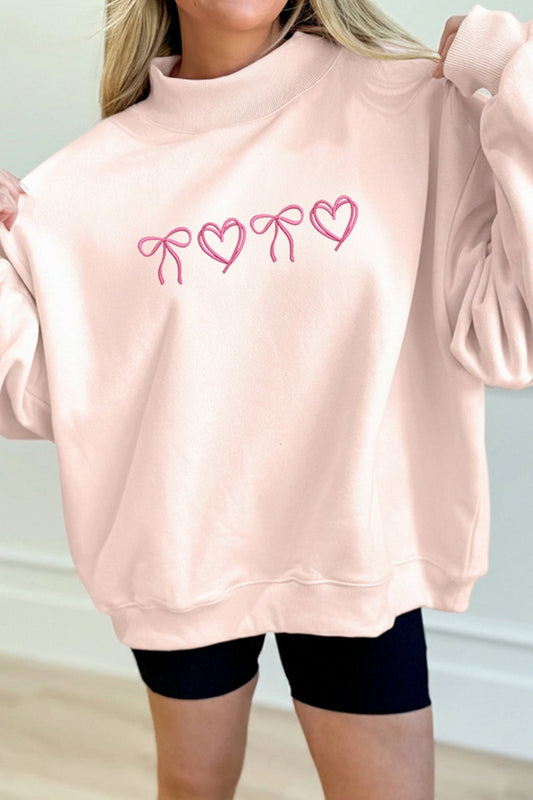 Apricot Pink Valentines Bow Heart Embroidered Mock Neck Sweatshirt - Loving It Shop