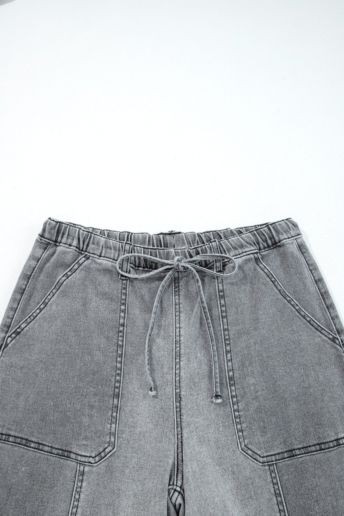 Gray Drawstring Seam Detail Raw Hem Wide Leg Denim Pants - Loving It Shop