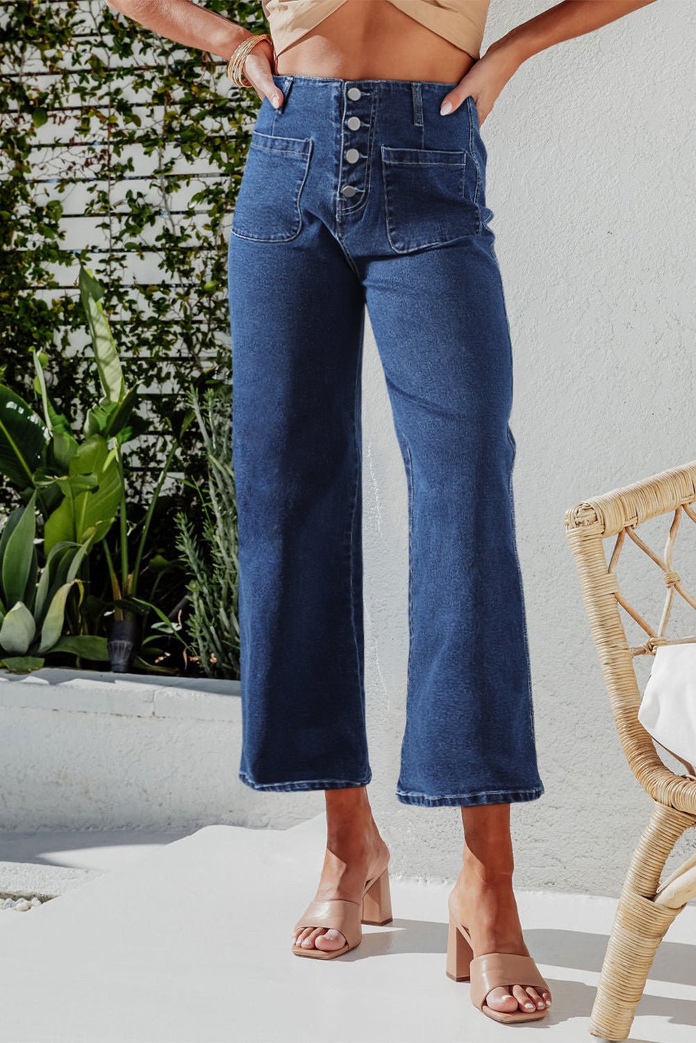 Sail Blue High Waist Button Front Wide Leg Cropped Jeans - Loving It Shop