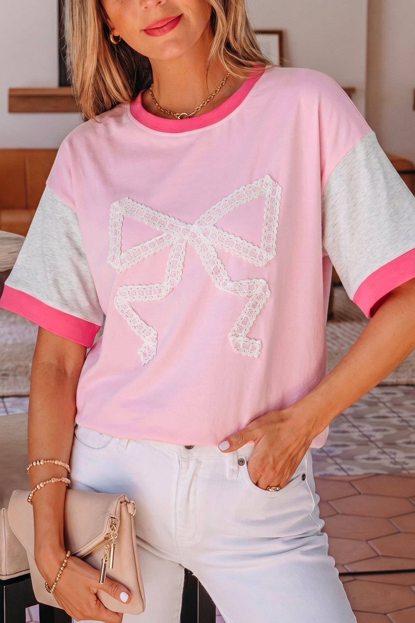 Gossamer Pink Embroidered Bow Detail Color Block Loose Tee - Loving It Shop