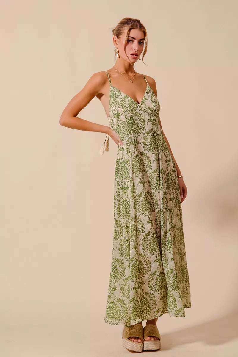 Damask Floral Summer Maxi Flowy Dress With Open Back