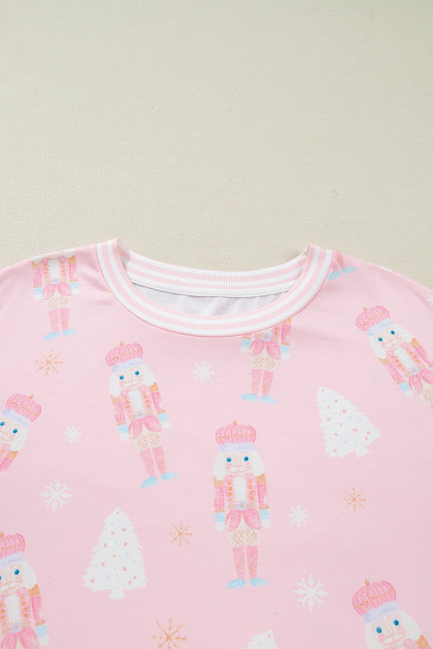 Pink Christmas Tree Nutcracker Doll Print Contrast Trim Long Sleeve Top Matching Shorts Set
