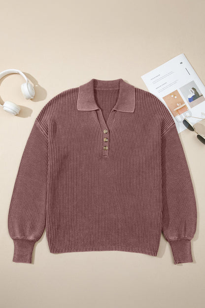 Dark Brown Mineral Washed Knit Button Polo Collar Loose Sweater