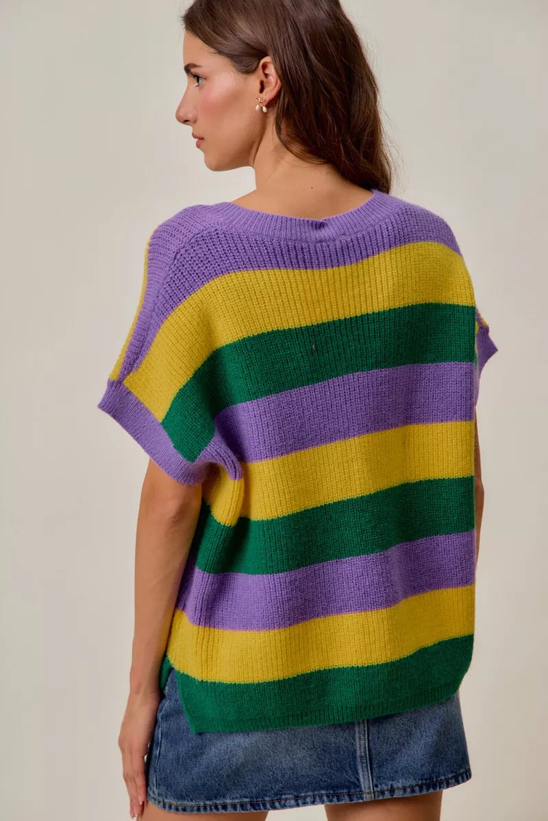 Mardi Gras Loose Fit V Neck Stripe Sweater Top