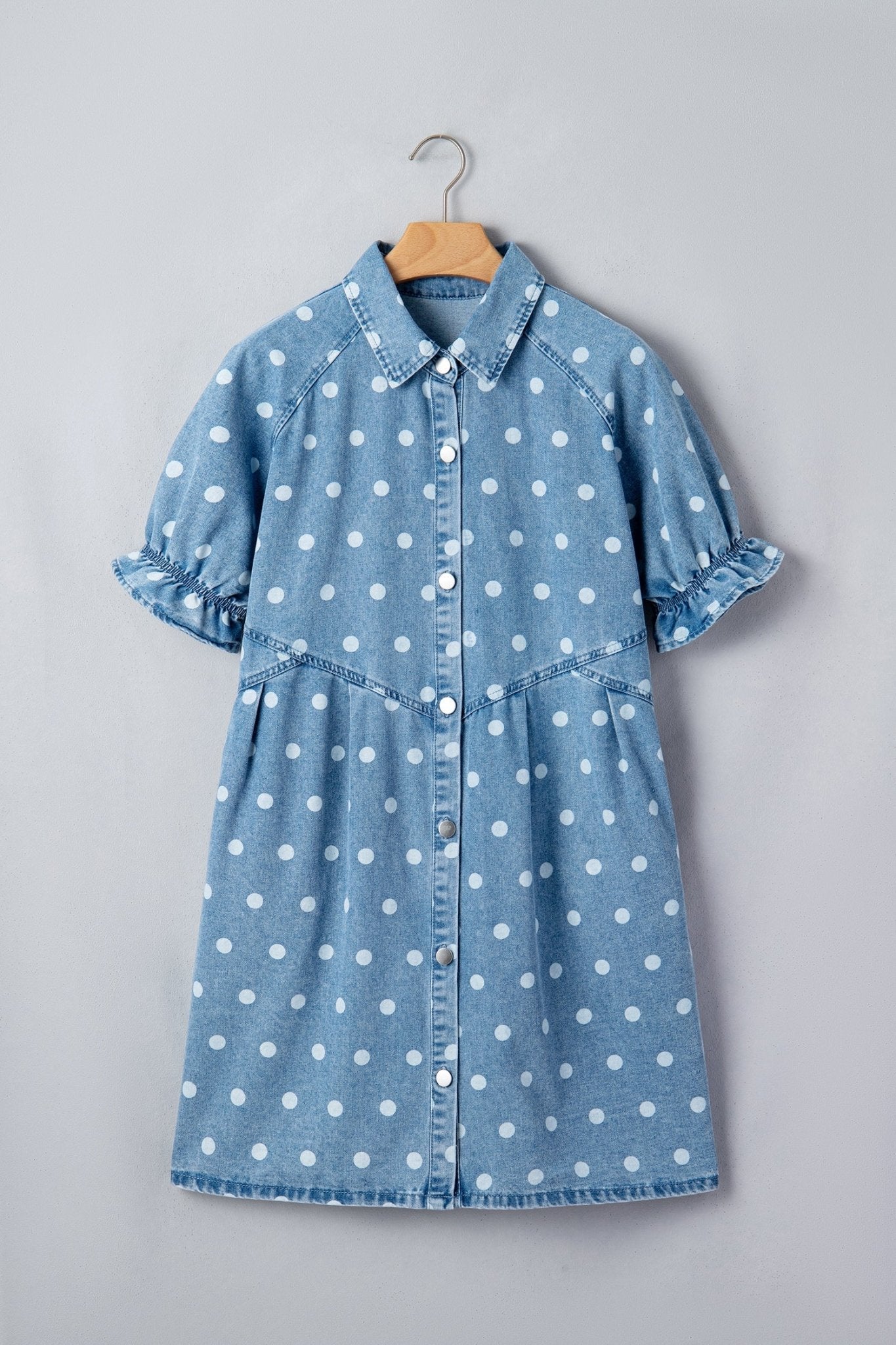 Sky Blue Polka Dot Print Ruffled Short Puff Sleeve Button Down Loose Denim Dress - Loving It Shop