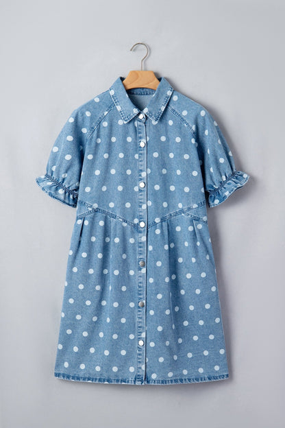 Sky Blue Polka Dot Print Ruffled Short Puff Sleeve Button Down Loose Denim Dress - Loving It Shop