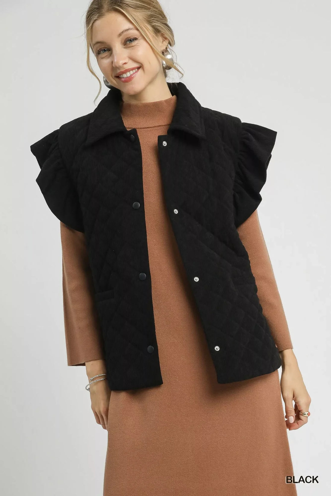 Corduroy Quilted Ruffle Sleeve Vest