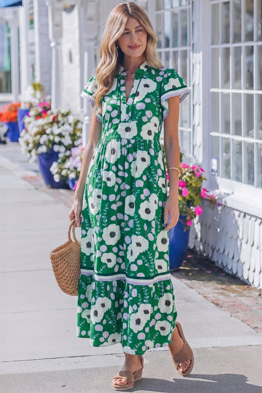 Green V Neck Ruffled Short Sleeve Flower Maxi Dress - Loving It Shop