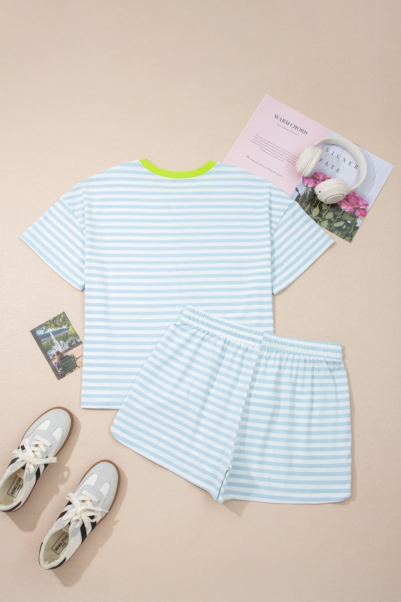 Sky Blue Stripe Contrast Neck Loose Tee and Drawstring Shorts Set - Loving It Shop