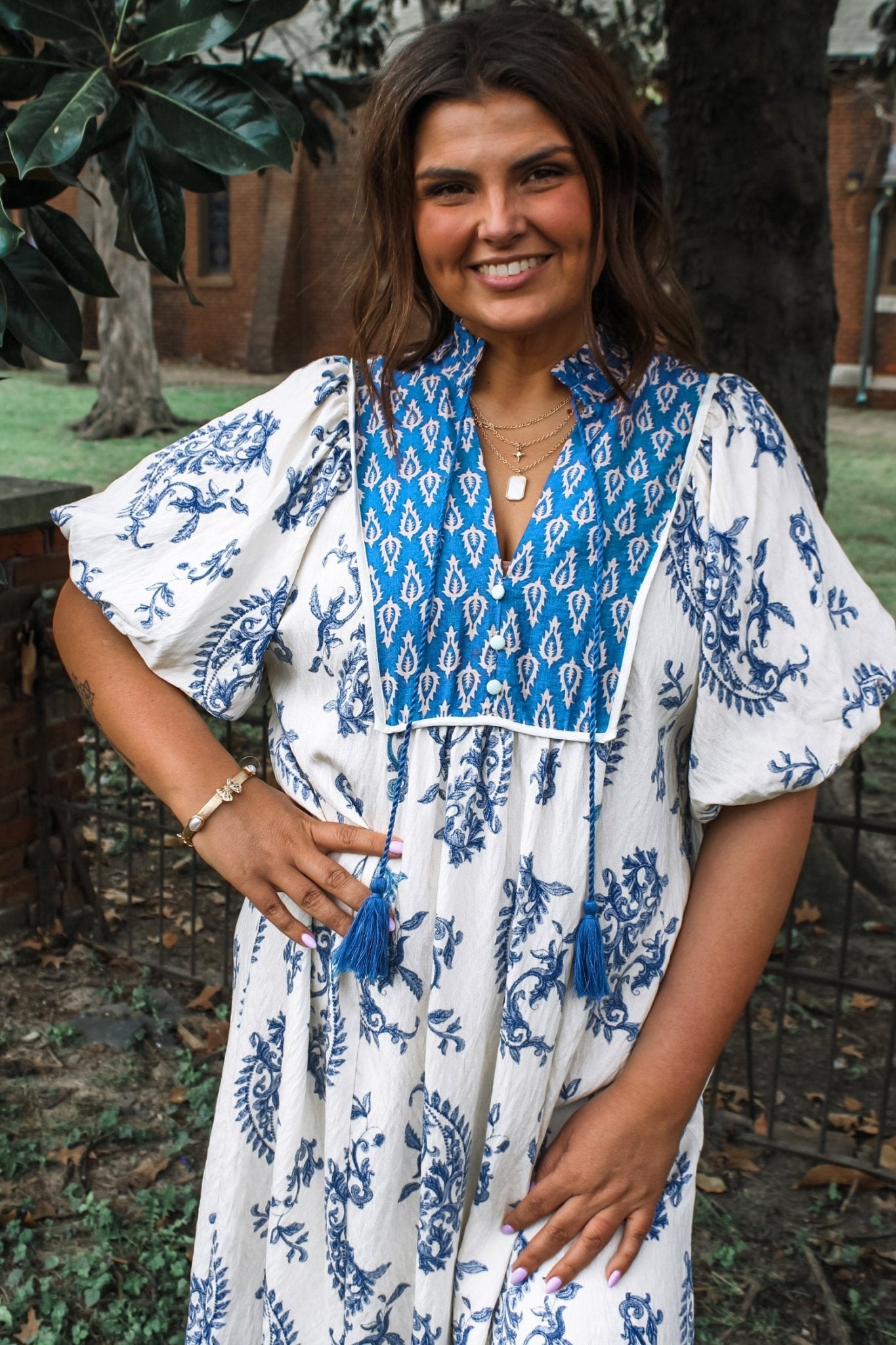 Sky Blue Boho Abstract Print Contrast Trim V Neck Tassel Tie Dress - Loving It Shop