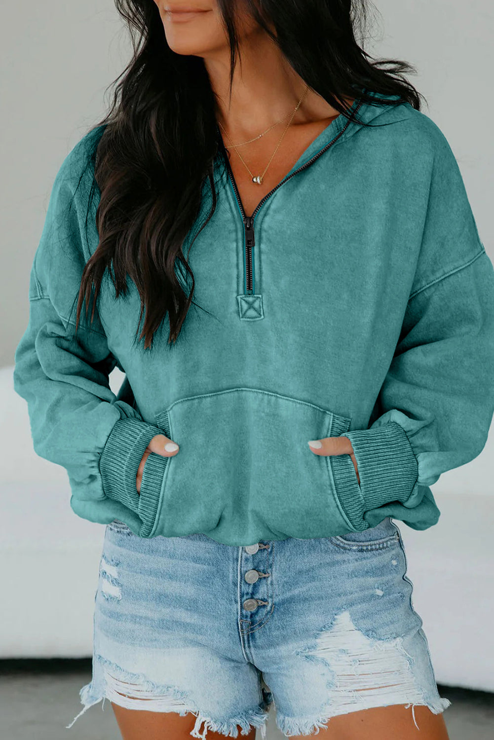 Canton Half Zip Kangaroo Pocket Mineral Wash Baggy Hoodie