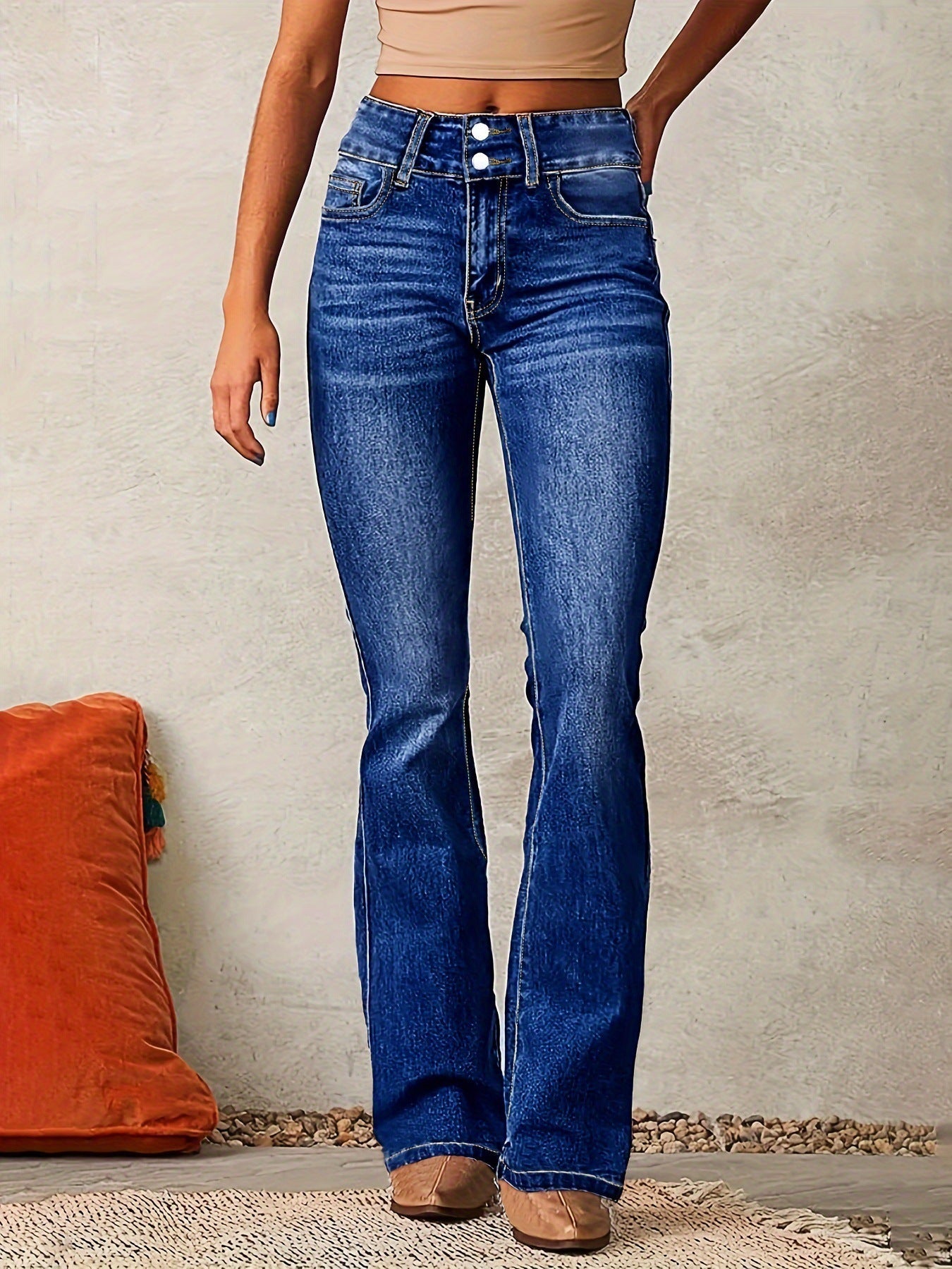 Skinny Flared Jeans With Pockets Fashion Button Zipper Trousers Women&