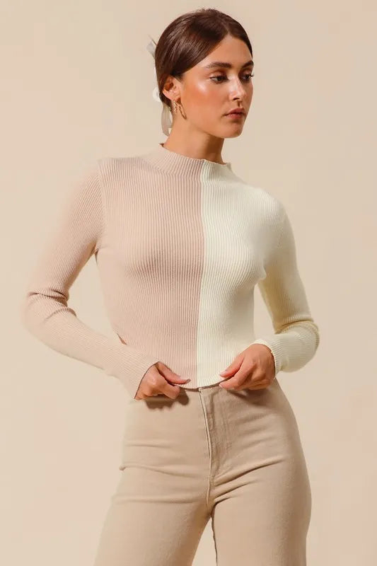 Color Block Fitted Crop Sweater Top