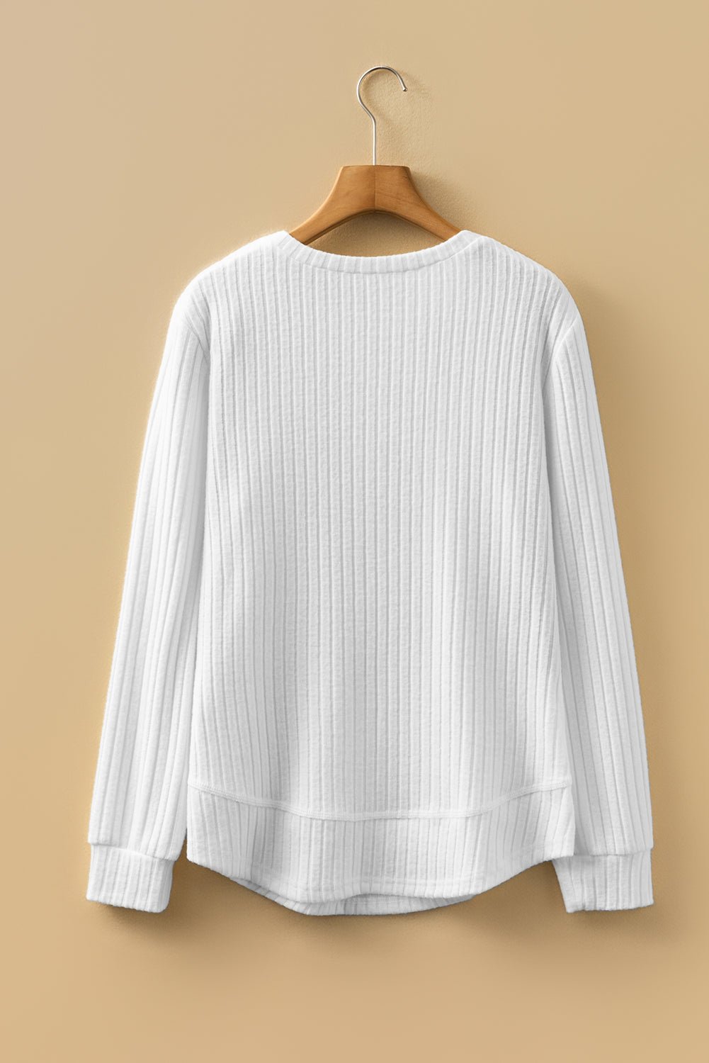 White Ribbed Texture Round Neck Long Sleeve Rounded Hem Knit Top - Loving It Shop