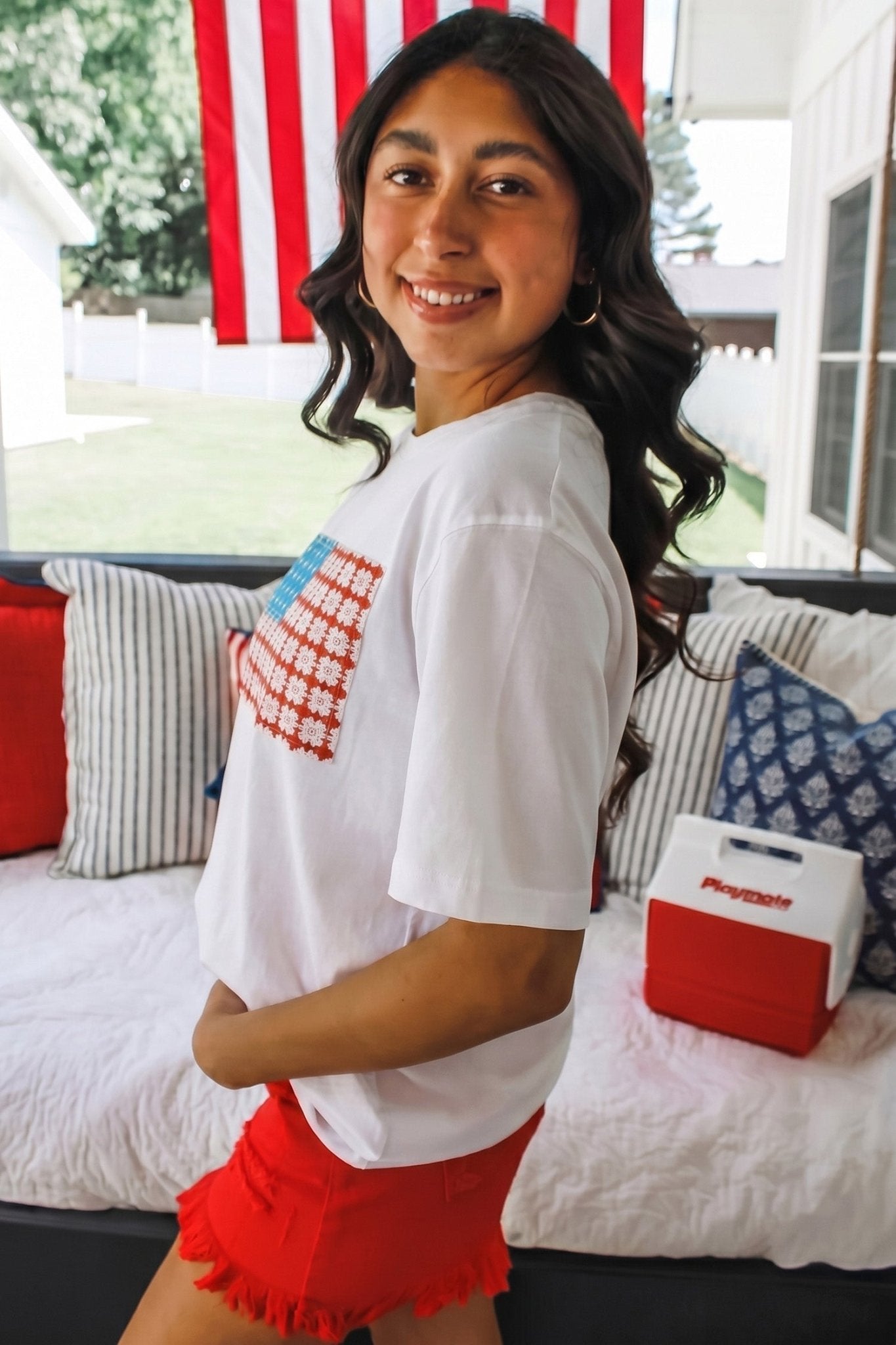 White Fancy Embroidered Patch Flag Casual T Shirt - Loving It Shop