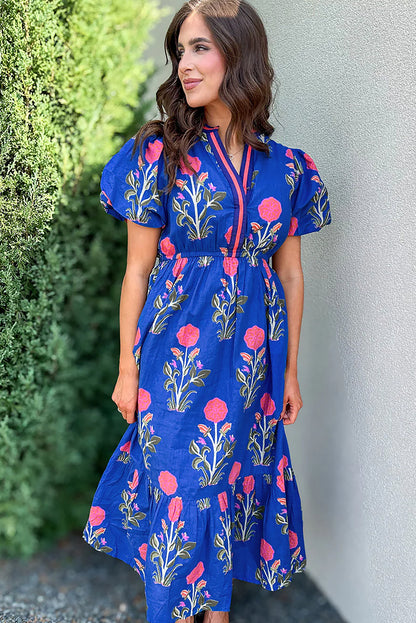 Sky Blue Floral Puff Short Sleeve V Neck High Waist Maxi Dress